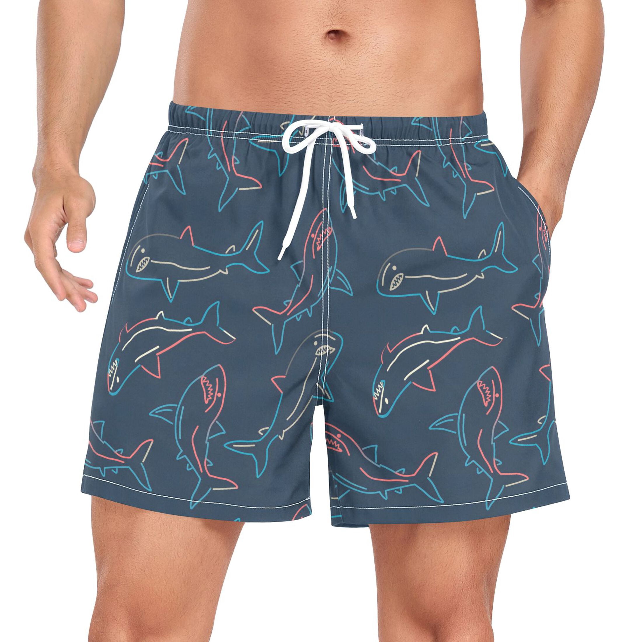 joogoo Men's Sharks-a1 Swim Trunks with Liner Pocket Beach Shorts M