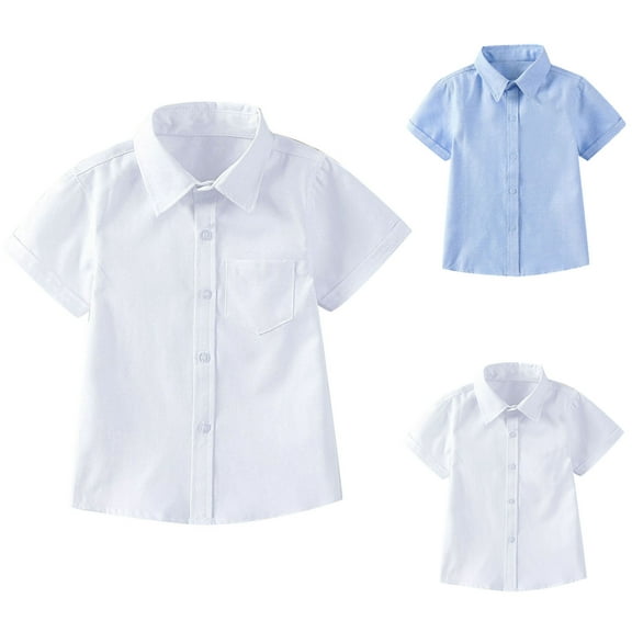 Elainilye Fashion Toddler Boys Short Sleeve Blouse Solid Color Gentleman's School Uniform Shirt Sizes 3-14Y,Blue
