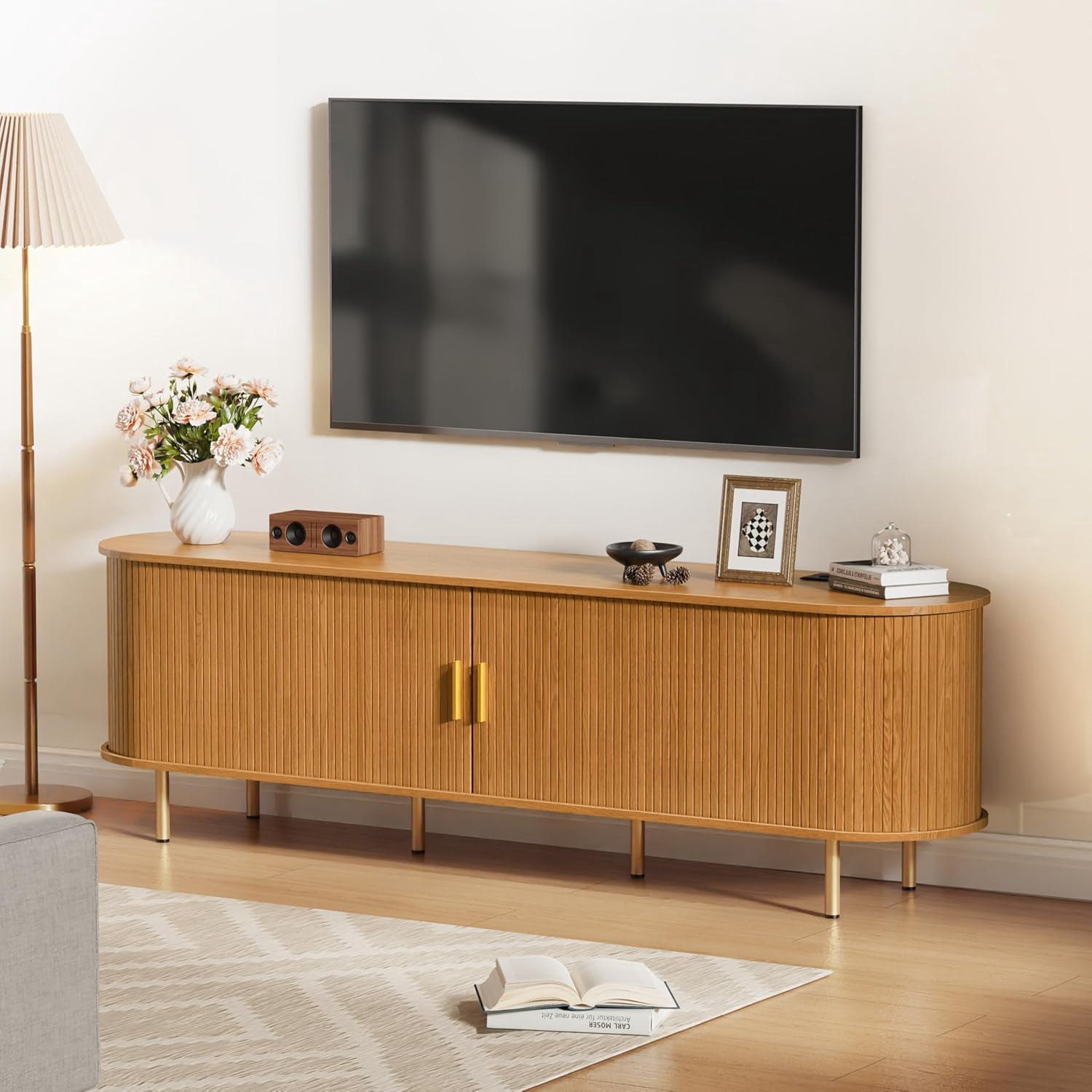 TV Stand with Power Outlet for TVs up to 75 Inch, Modern Entertainment Center with Storage, Adjustable Shelves & Sliding Doors, Media Console for Living Room Bedroom (Yellow Walnut, 71 Inch)