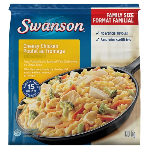 Swanson Cheesy Chicken: frozen meal with pasta, vegetables, and seasoned chicken in a cheese sauce, 1.19 Kg