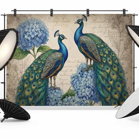 10x8ft Photo Backdrop, Vintage Peacock Soft Polyester Backdrop Curtains Photography Backdrops, Blue Floral Animals Feather Retro Art Brushed Background for Photoshoots Studio Video Portrait Parties