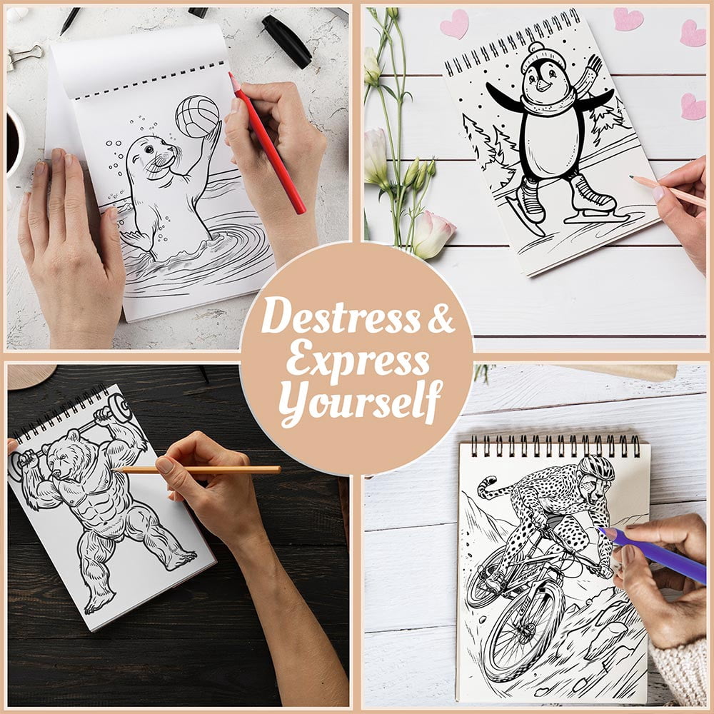 Netecom Animal Athletes Coloring Book for Adults, A5 Wooden Cover, 30 Dynamic Coloring Pages of Sports-Playing Animals for Stress Relief and Relaxation, Spiral Bound Edition