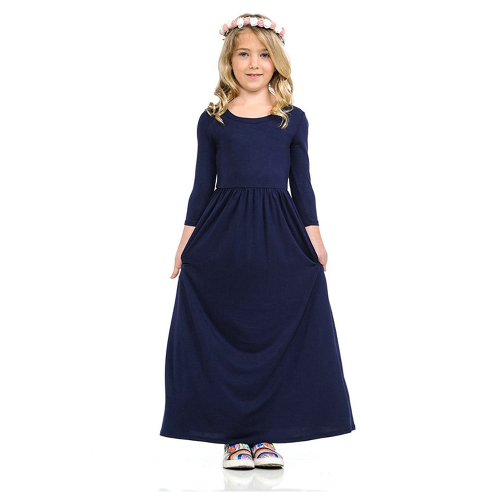 nsendm Big Kid dress Girl Dress Size 16 Kids Toddler Girls Dress Above Knee Dress Long Sleeve Solid Long Dress Floral Short Sleeve Girls Clothes Dark Blue 5 6 Years Walmart