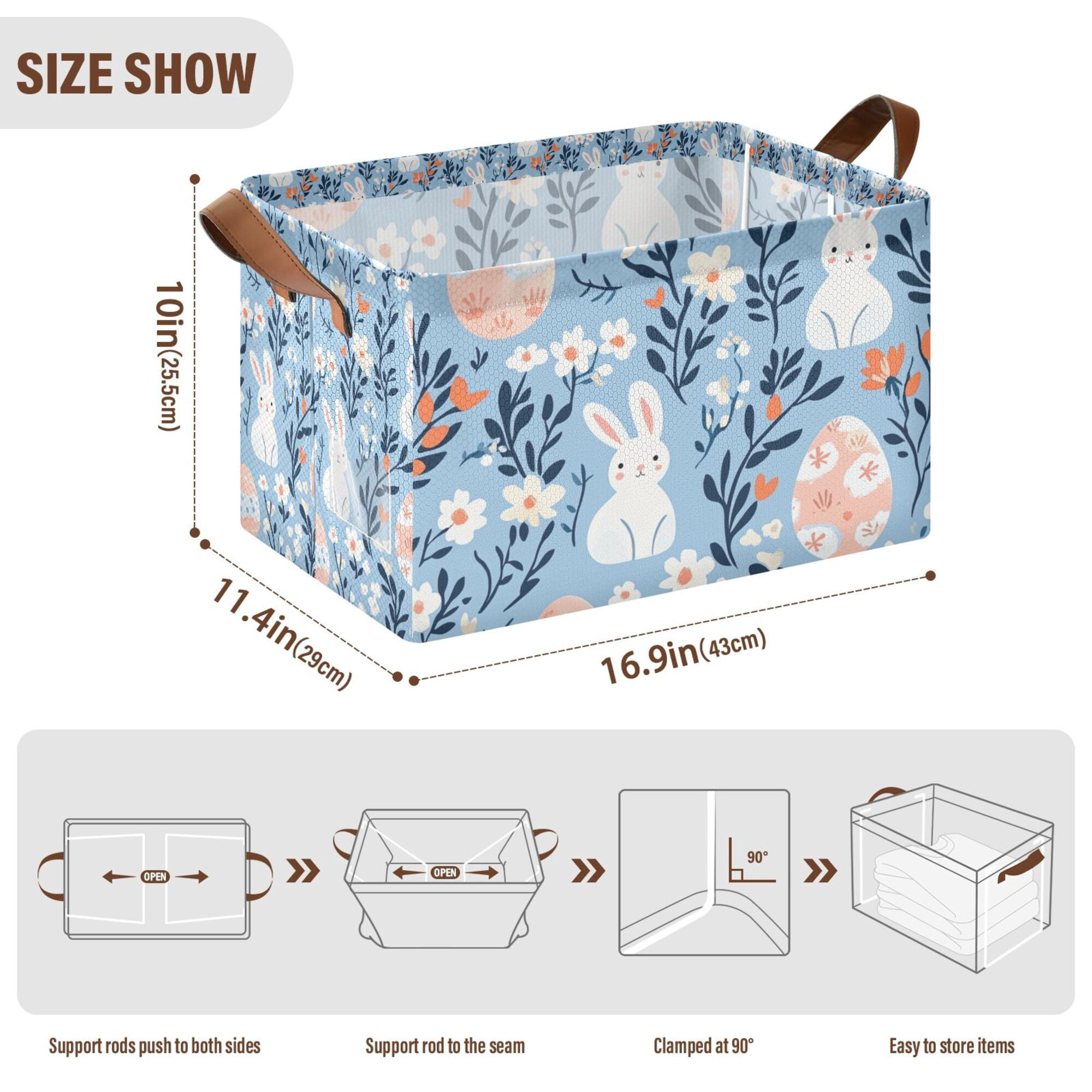 Yayeee Foldable Storage Basket for Shelves Set of 2 Waterproof Cloth Bins with Handles, Floral Easter Rabbits