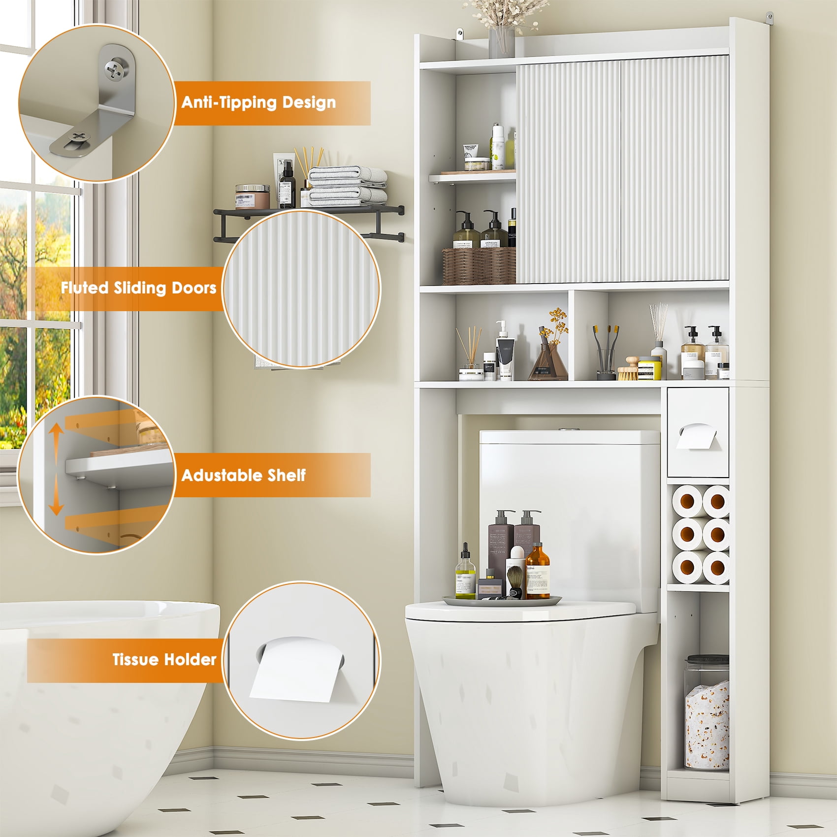Over The Toilet Storage Cabinet with 2 Sliding Doors & Toilet Paper Holder, Freestanding Adjustable Organizer for Bathroom & Laundry,White