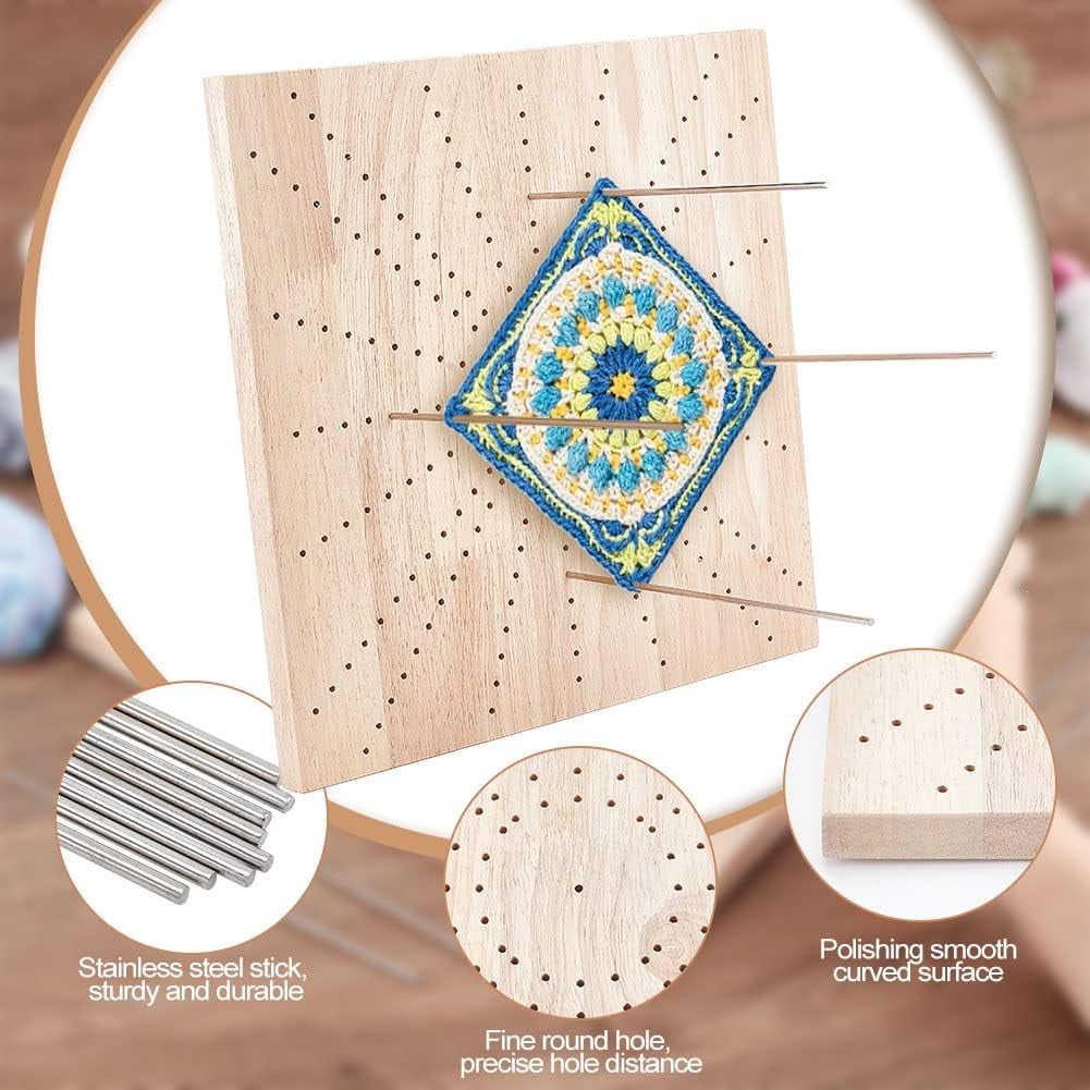 12X12 inches Crochet Board Wooden Knitting Blocking Mat Square Board with 8pcs Stainless Steel Pins for Knitting and Crochet Projects Handcrafted Knitting Gift for Granny Square Lovers Bisque