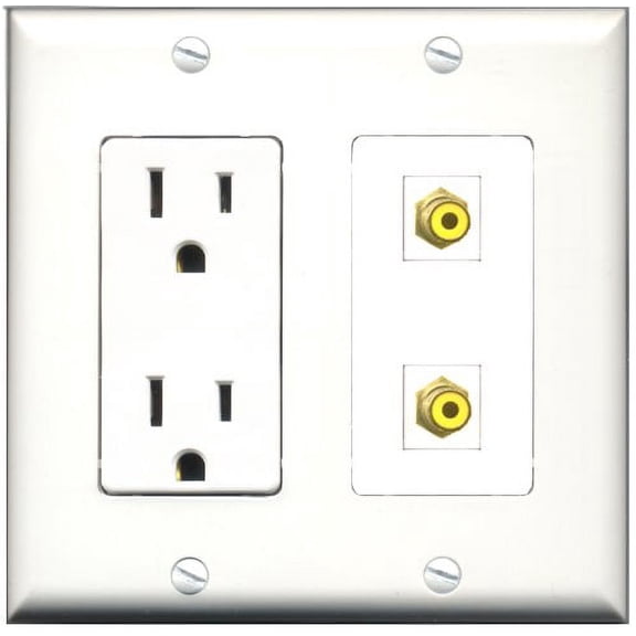 RiteAV - 15 Amp Power Outlet 2 Port RCA Yellow Decorative Type Wall Plate White