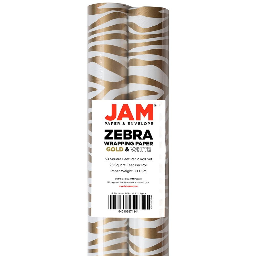 JAM Paper Gold & White Zebra Wrapping Paper, 50 Sq ft. Total, 2 per Pack