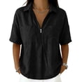 thumbnail image 5 of VBVC Women's Cotton-Linen Half-Zip Collared Shirt,Ladies Short Sleeve Pocketed Casual Blouse,Loose Fit Lightweight Summer Top for Women,Black,S-2XL, 5 of 8