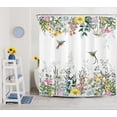 thumbnail image 3 of Colorful Flower Shower Curtain for Bathroom,Watercolor Wildflower Green Leaves Plant and Hummingbird on White Fabric Shower Curtain with Hooks,Rustic Nature Bathroom Curtain Shower Set, 72x72 inches, 3 of 6