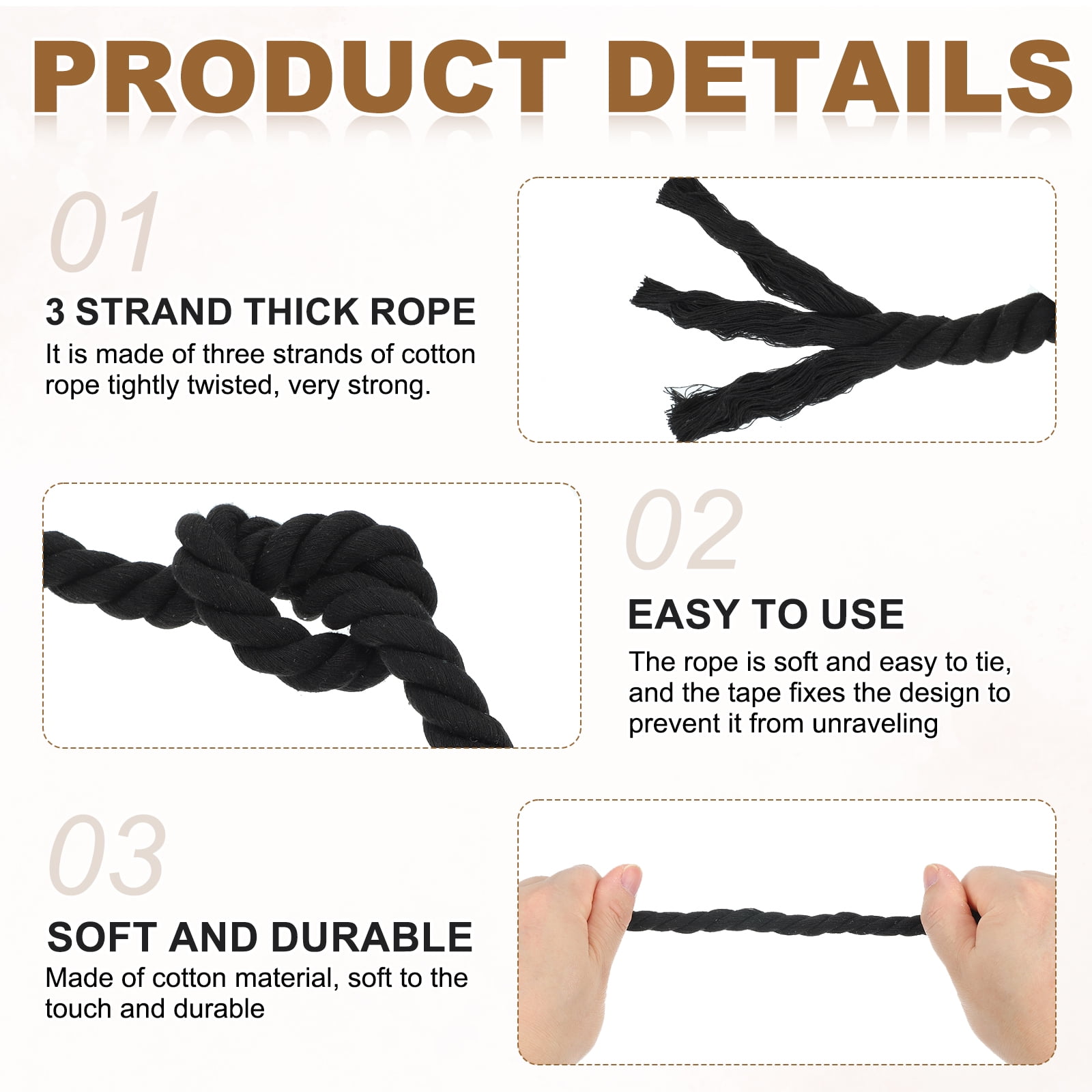 Uxcell 0.79" x 16.4 Feet Black Cotton Rope 7 Strand for DIY Wall Hanging Knotting
