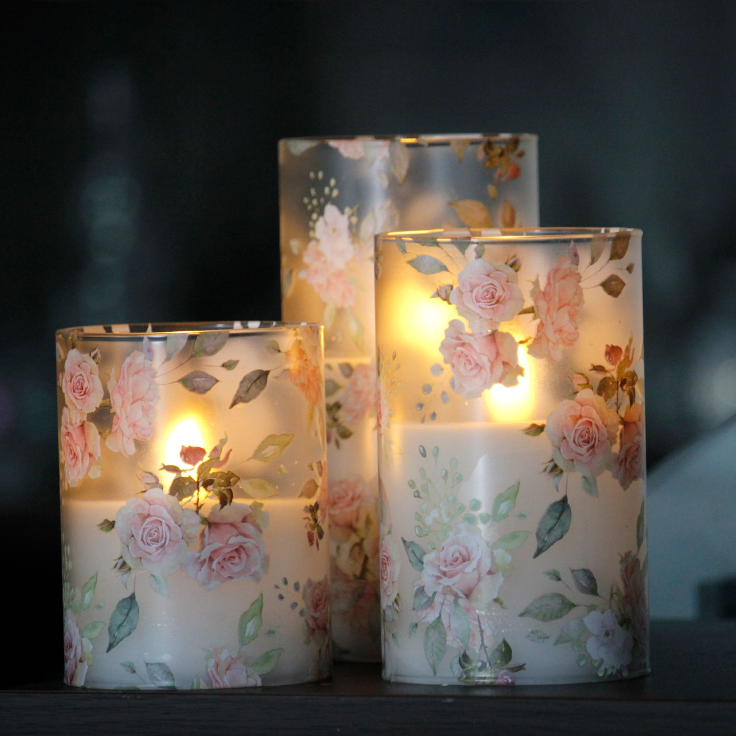 Meltone Rose LED Flameless Candles Battery Operated, Real Wax Glass LED Pillar with Remote Control, 3pcs Candle Set 3''x4''/5''/6''