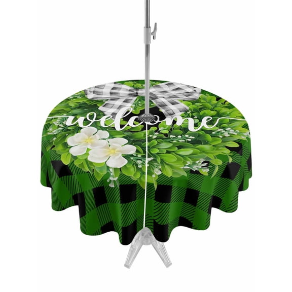 Outdoor Tablecloth with Umbrella Hole and Zipper, Botanical Flower Wreath Round Table Cloth 54 Inch Waterproof Tablecloth, Rustic Bow-Knot Green Black Plaid Picnic Table Cover for Patio Camping