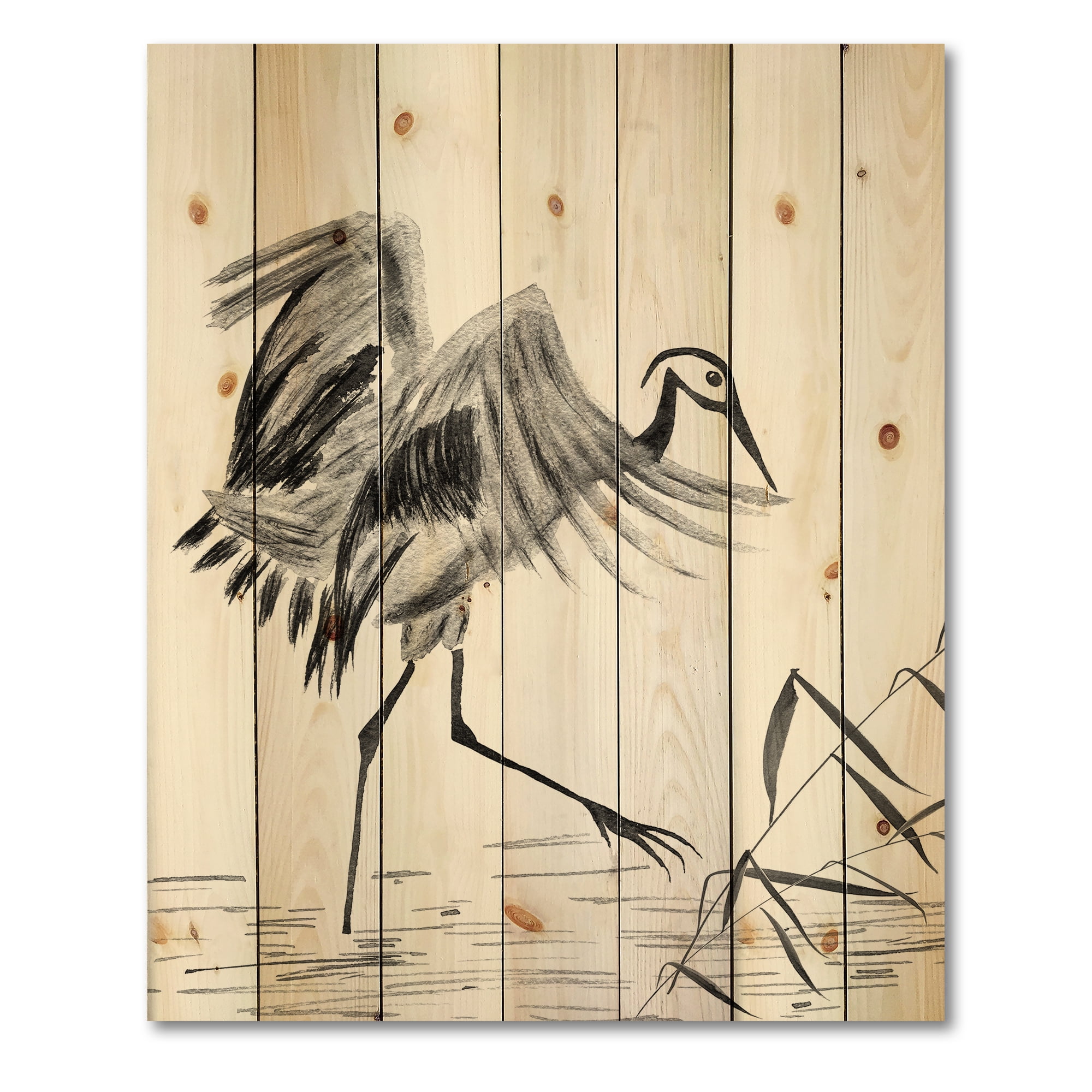 Designart 'Monochrome Japanese Oriental Crane Bird' Traditional Print on Natural Pine Wood