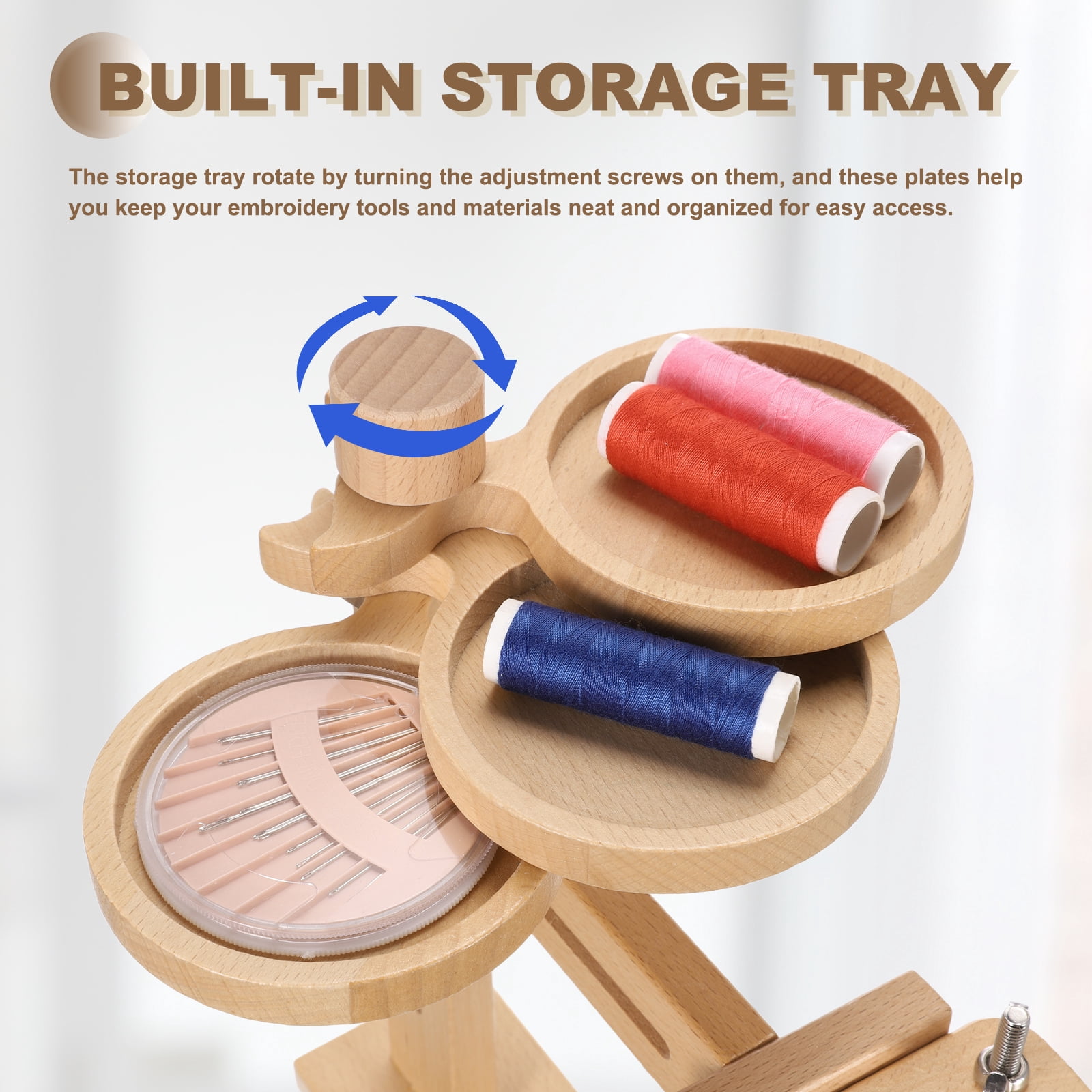 Uxcell Embroidery Hoop Stand, Adjustable Beech Wood Cross Stitch Holder with Storage Tray, with 6" Embroidery Hoop