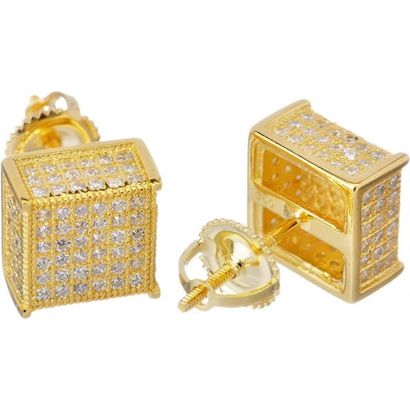 14K Gold Plated Hip Hop Luxury Micro Pave Iced Cube Block Square Screw Back Stud Earrings 407 G