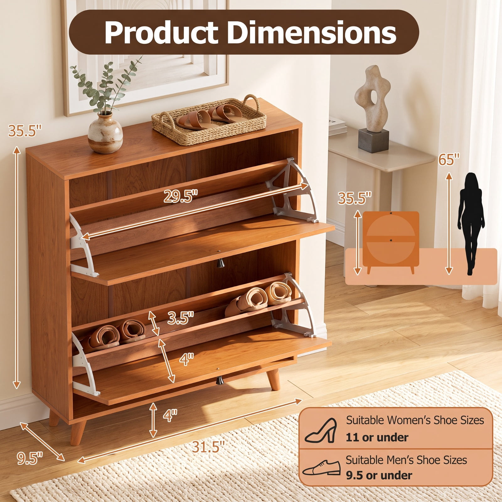 Furnibear Narrow Shoe Cabinet with Adjustable and Removable Shelves for Entryway Foyer Hallway Slim Shoe Storage Organizer, Oak