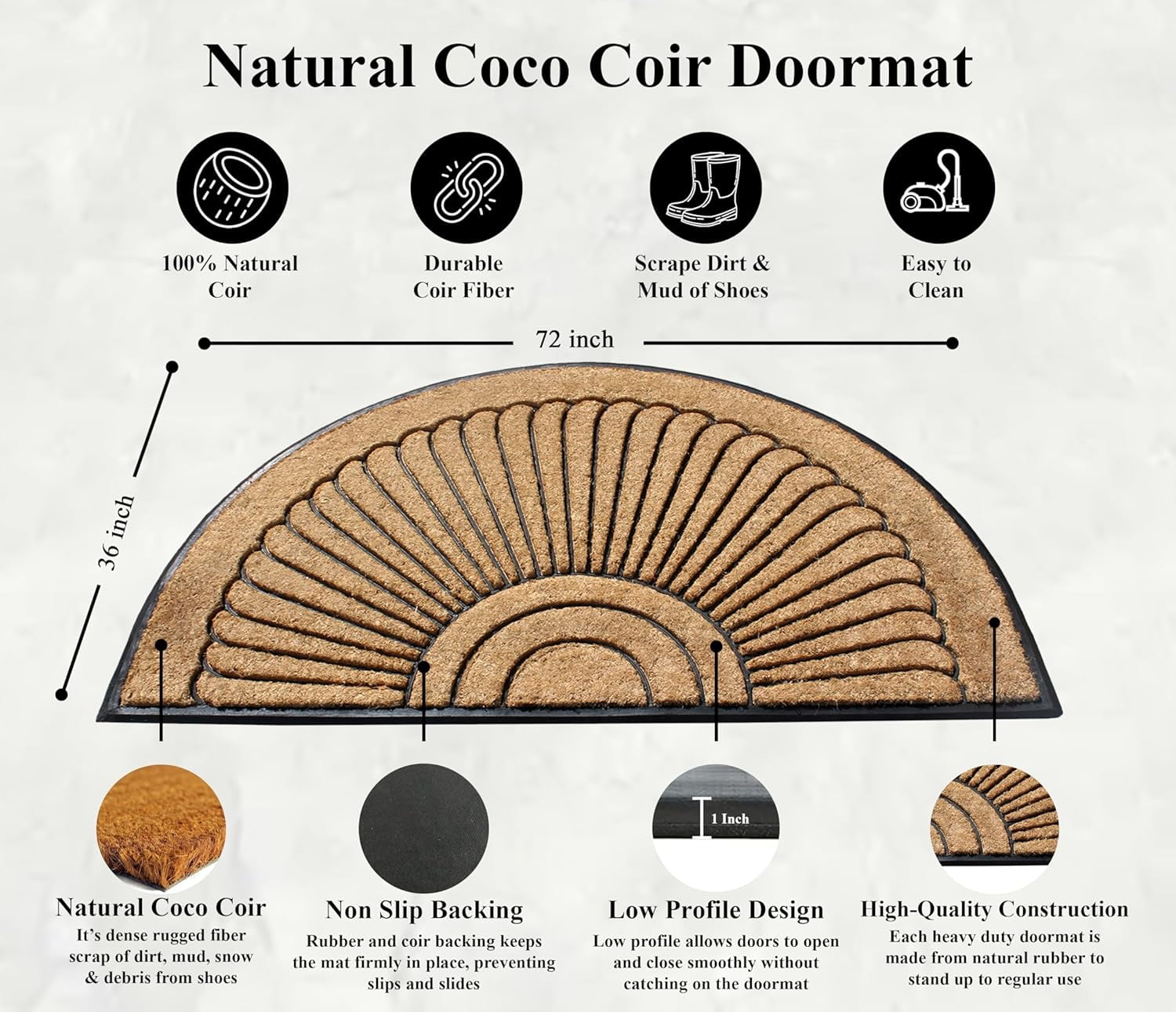 A1HC 36"x72" Extra Large Natural Coir & Rubber Sunburst Half-Round Door Mat, Heavy-Duty, Low-Pile, Durable Outdoor Welcome Mat
