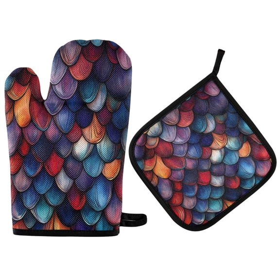 Yayeee Oven Mitts and Pot Holder Set of 2 Heat Resistant Kitchen Gloves Baking Hot Pad, Purple Dragon Scales Pattern