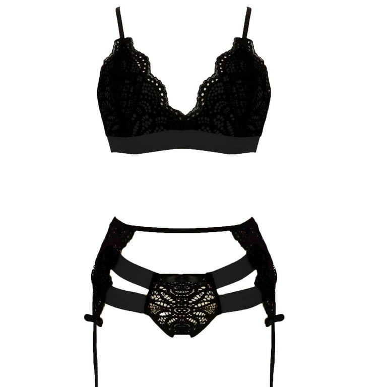 Leesechin Lingerie for Women Clearance 3PC Sexy Lace Wireless Bra Sexy  Garter Thong Set Underwear 