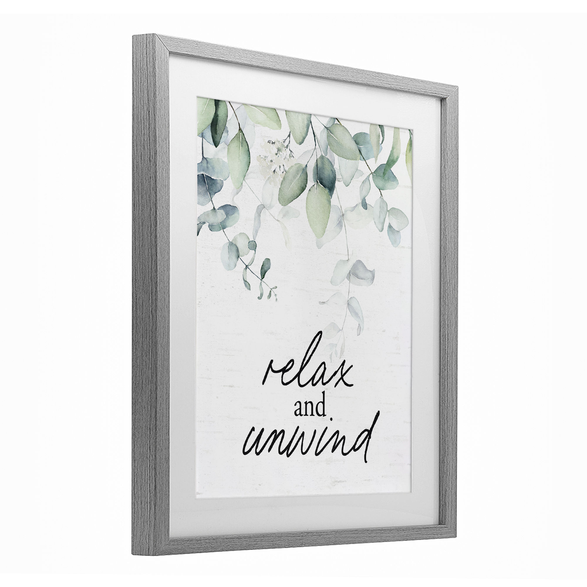 Relax And Unwind Herb Leaves Gray Framed Print Under Glass, design by Lettered and Lined