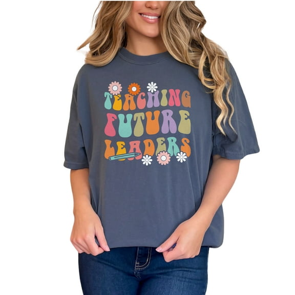 Teaching Future Leaders, Teacher Quote with Cute Flowers & Pencil, Groovy Retro Wavy Text, Denim Comfort Colors T-Shirt, Small