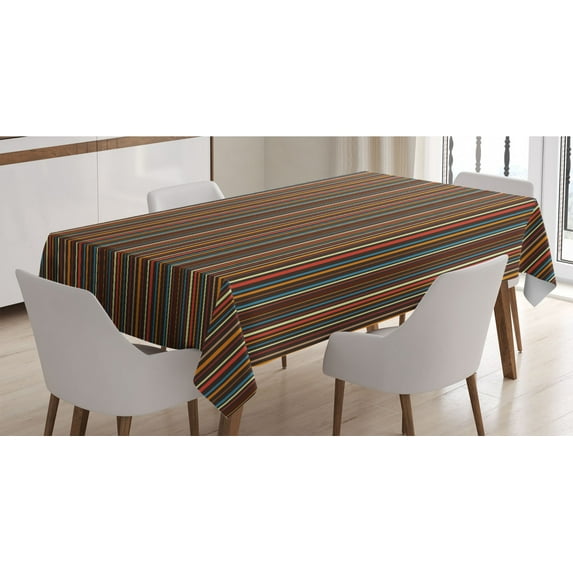 Striped Tablecloth, Colorful Vertical Thin and Bold Stripes in Retro Style Geometrical Abstract Design, Rectangle Satin Table Cover for Dining Room and Kitchen, 60" X 84", Multicolor, by Ambesonne