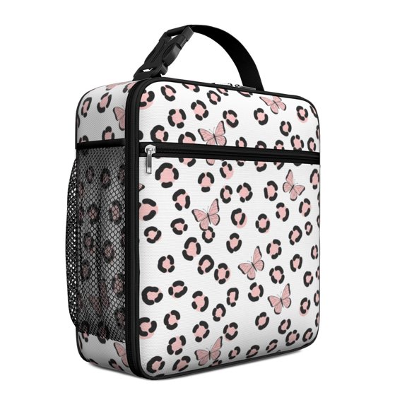 Butterfly and Leopard Pink Pattern Insulated Lunch Bag Teens,Lunch Box for Men Women for Work,Picnic or Travel,10.2x9.5x4.3 Inches,8 Can Capacity