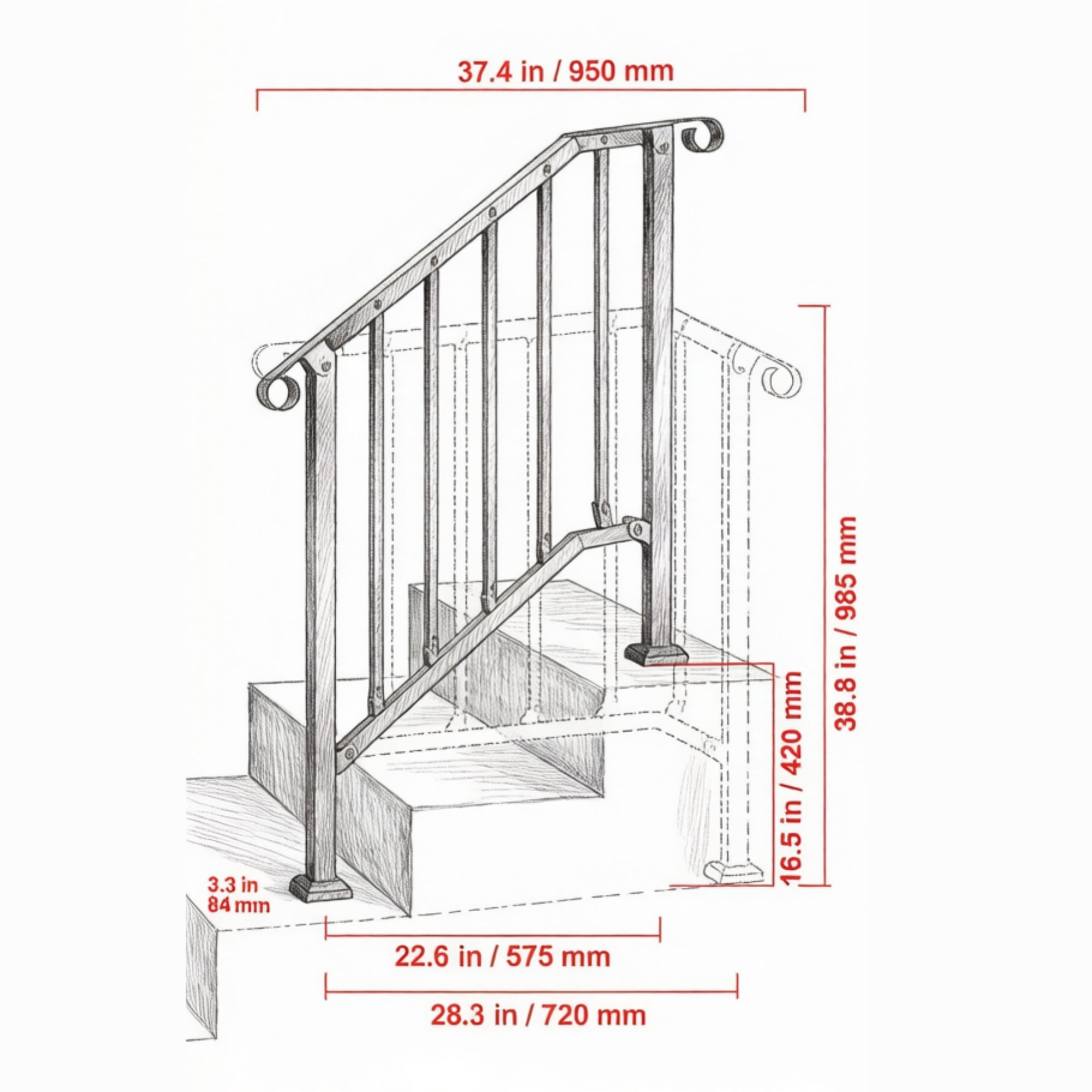 2-3 Step Outdoor Stair Handrail Kit, Black Retro Arch Carbon Steel Railing with Installation Kit