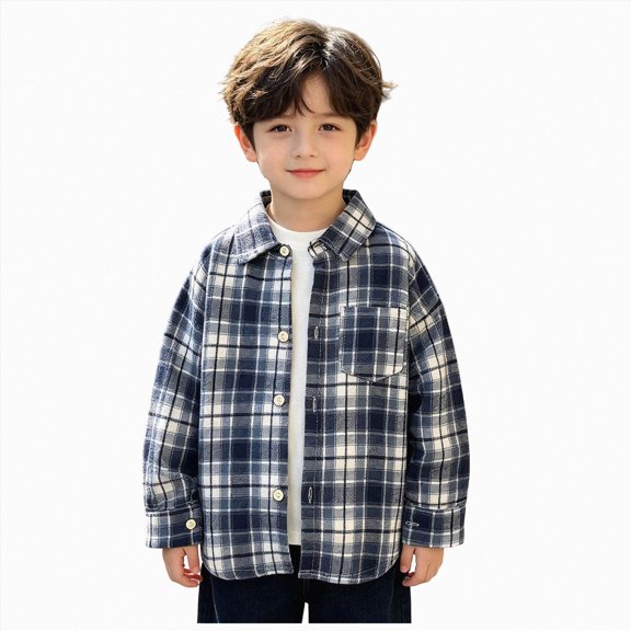 JUMEYU Boys Flannel Long Sleeve Shirt Children's Spring And Autumn Boy Shirt Plaid Shirt Long Sleeve Plaid Top Coat Kids Fleece Jackets 7T 8T (Blue,7-8 Years)