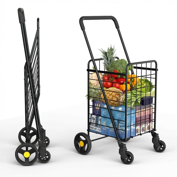 Shopping Cart & 360° Swivel Wheels | Foldable Collapsible & Lightweight | Perfect for Groceries Laundry Utility Cart - Black