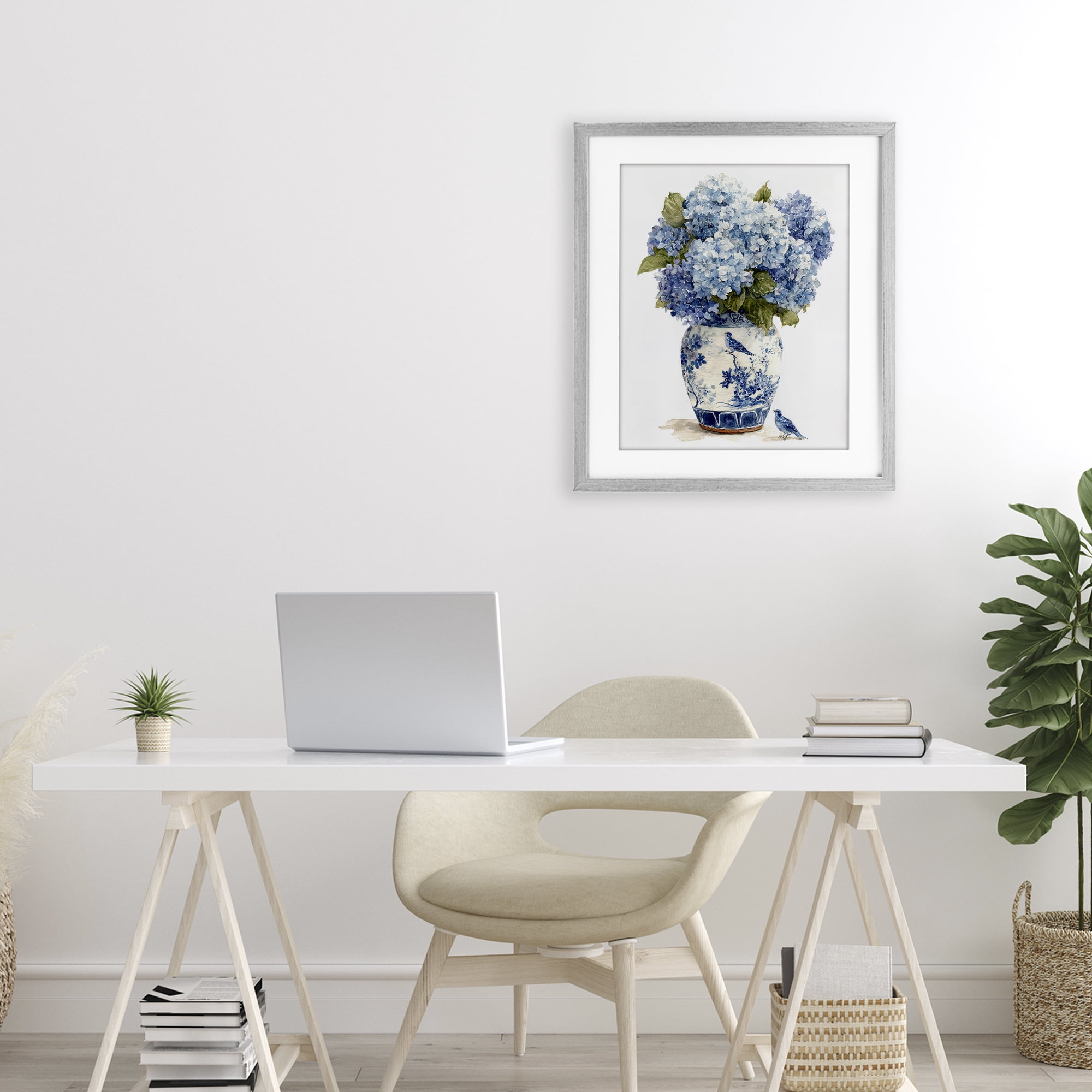 Stupell Industries Blue Bird & Hydrangea Vase Gray Framed Print Under Glass, design by Imagine It Images