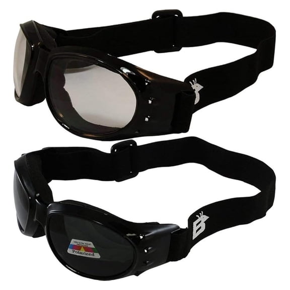Eyewear Eagle Padded Motorcycle Safety Goggles 2 Pairs Black Frame w/Clear & Polarized Smoke Lenses, Day and Night Goggles
