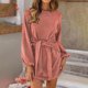 thumbnail image 2 of Vestido de mujer Cuello redondo Moda Manga larga Delgado Color sólido Mini vestido suelto con cinturón Pompotops ghjkhdj16055, 2 of 9