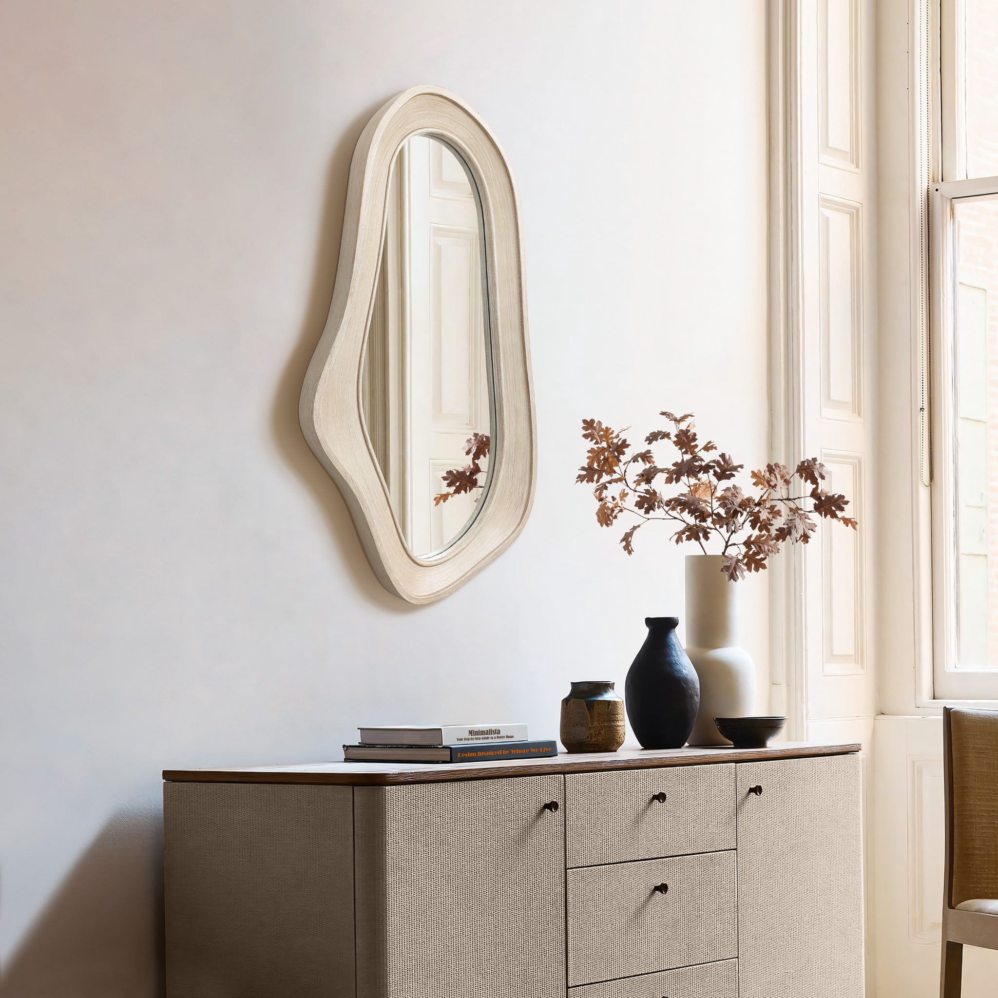 LuxenHome Natural Wood Framed Oval Irregular Wall Mirror, Accent and Vanity
