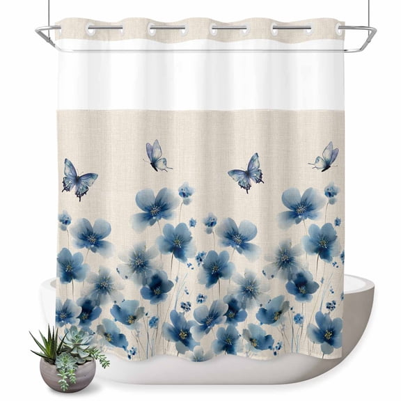 No Hook Shower Curtain, Navy Blue Floral Shower Curtains for Bathroom with See Through Top Window, Spring Flowers Rustic Butterfly Waterproof & Washable Bath Curtain Long 72"x78"