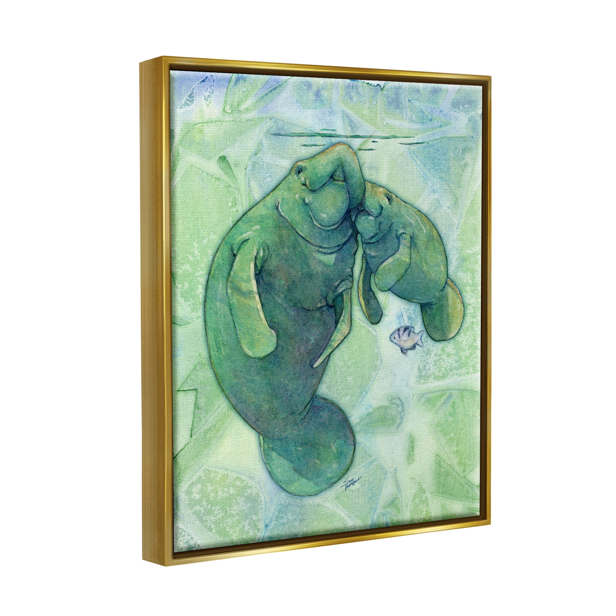 Stupell Industries Green Manatees & Fish Animals & Insects Painting Gold Floater Framed Art Print Wall Art, 25 x 31