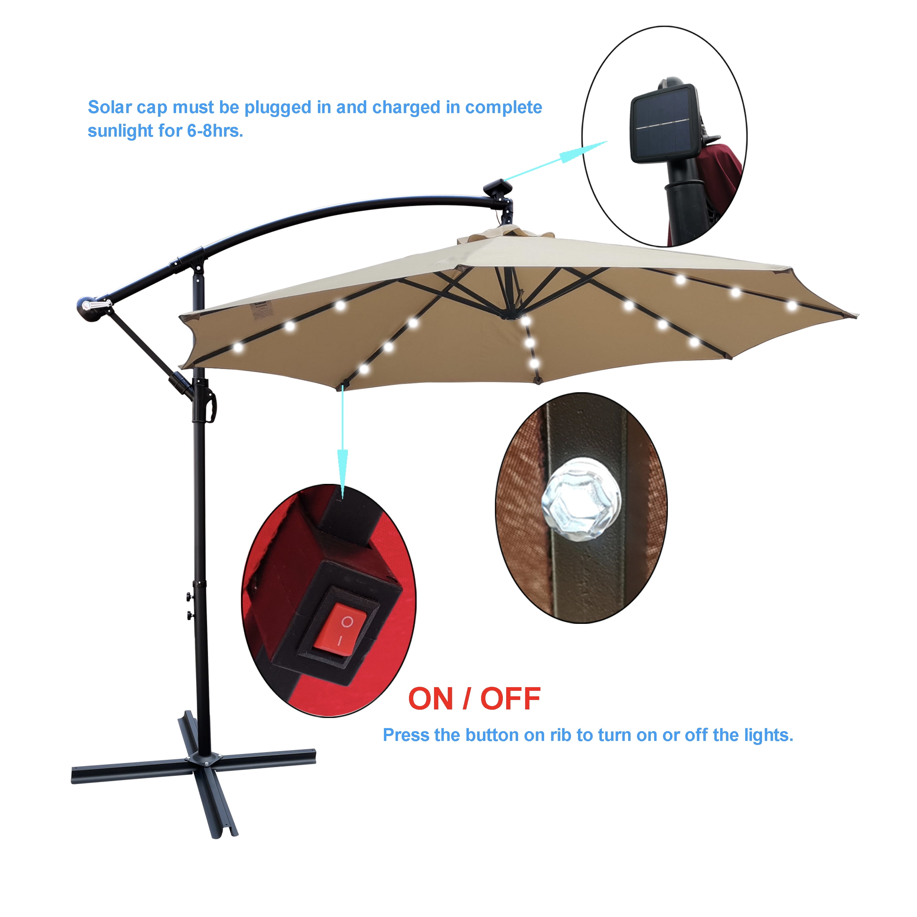 Jopath 10ft Patio Umbrella Solar Powered LED Lighted with Crank and Cross Base,Waterproof Market Umbrella for Garden Deck Backyard Pool Shade,Tan