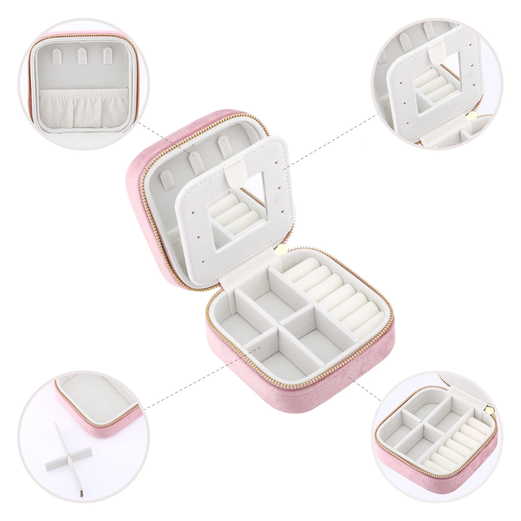 Unique Bargains Velvet Portable PU Leather Organizer Jewelry Box with Mirror Pink