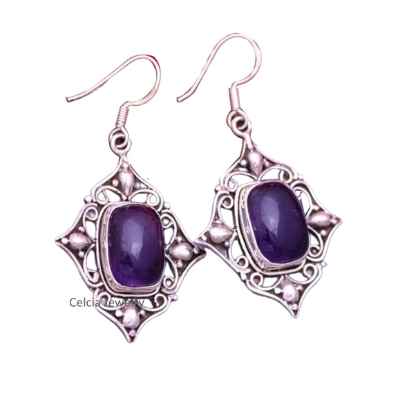 Pure 925 Sterling Silver Dangle Drop Earrings For Women, Genuine Amethyst Gemstone Unique Handcrafted February Birthstone Earrings For Her