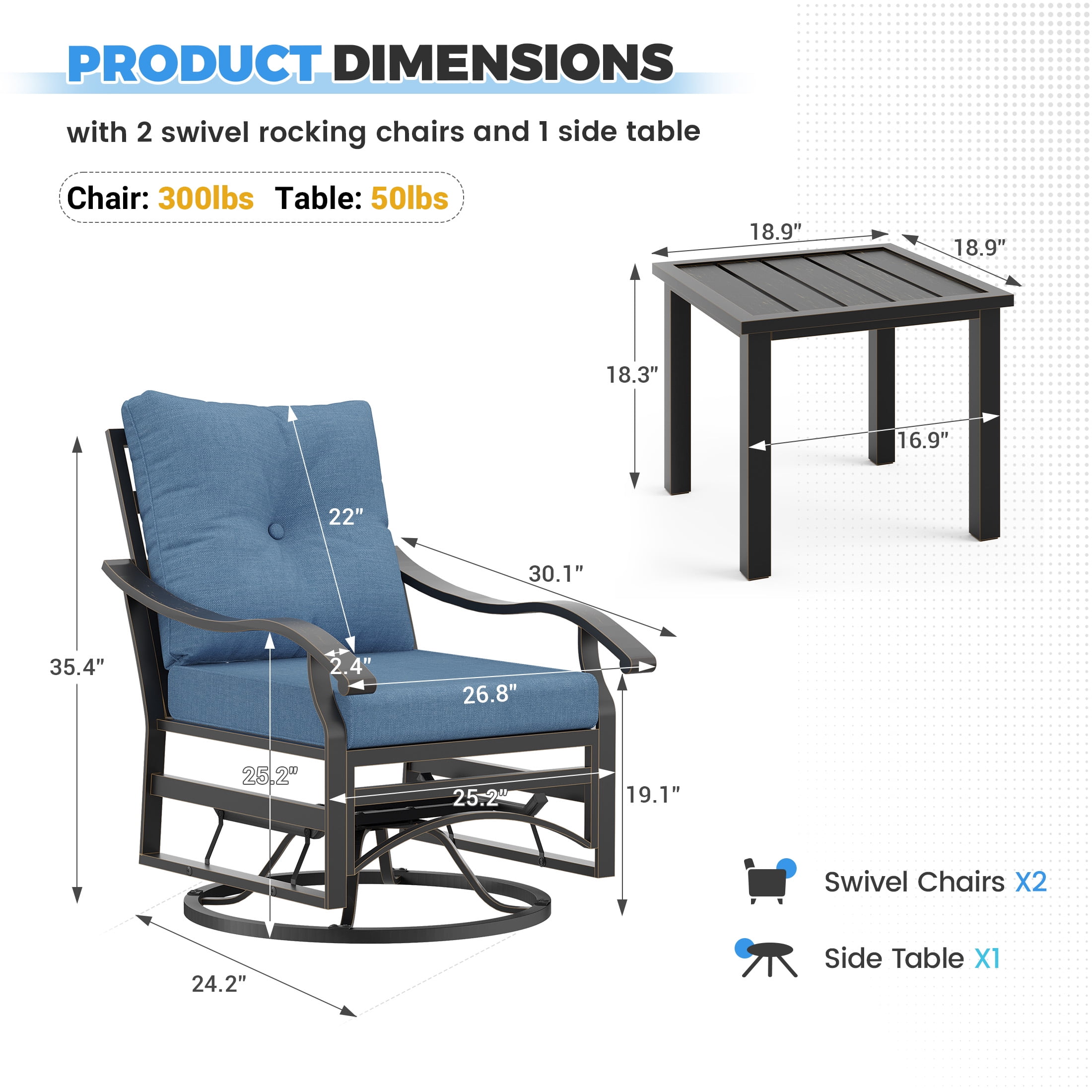 POTEBAN Outdoor Swivel Rocker Chairs, 3 Piece Metal Patio Rocking Chairs with Padded Cushions Patio Bistro Furniture Set with Side Table for Porch Balcony Backyard, Blue