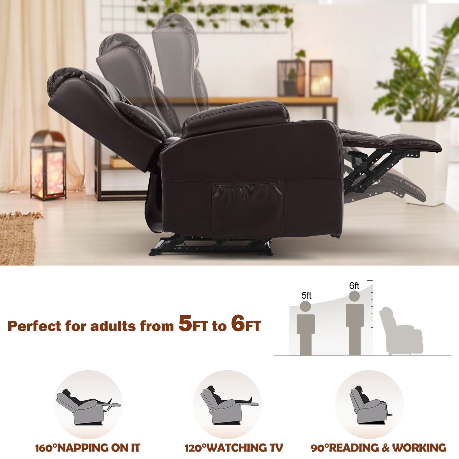 COSVALVE Electric Massage Heating Manual Recliner Chair Armchair Ergonomic Single Sofa with Remote Control, 2 Cup Holders (Brown)