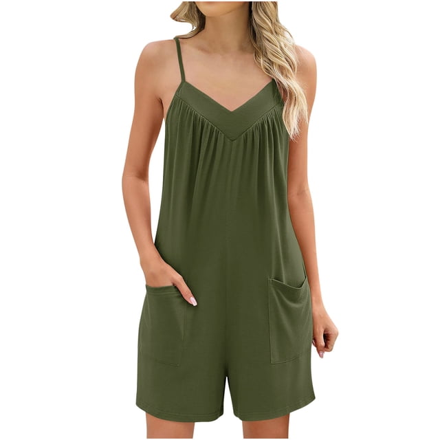 AherBiu Boho Short Jumpsuits for Women Sleeveless V Neck Wide Leg Comfy Summer Rompers with Pockets