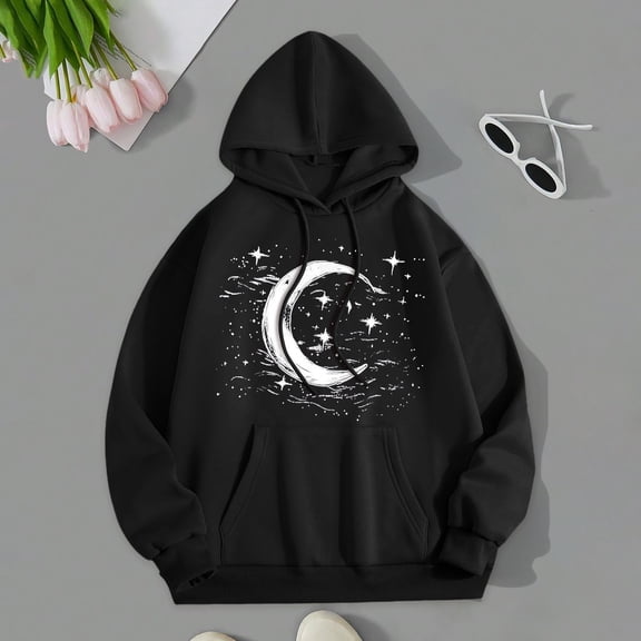 Women's Hoodies Sweatshirts Ladies Fall/Winter Casual Loose Moon Print Hoodie Black S