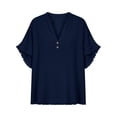 thumbnail image 4 of hlysgo Women's Cotton Blend Tops Notched V Neck Blouse Double Layer Frayed Raw Edge Sleeve Boho Beach Vacation Shirts Navy,S, 4 of 6