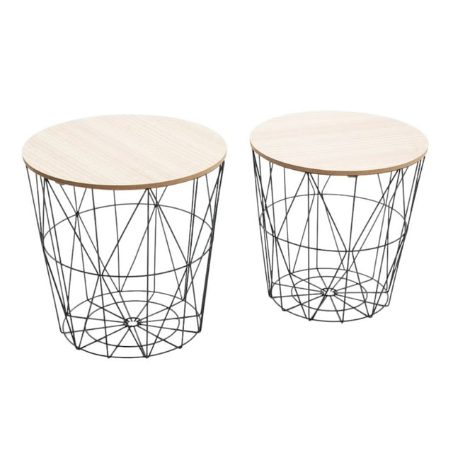 Ensemble de 2 Tables d'Appoint Rondes Gigognes avec Paniers de Rangement en Métal – Tables d'Appoint Noires pour la Maison et le Salon