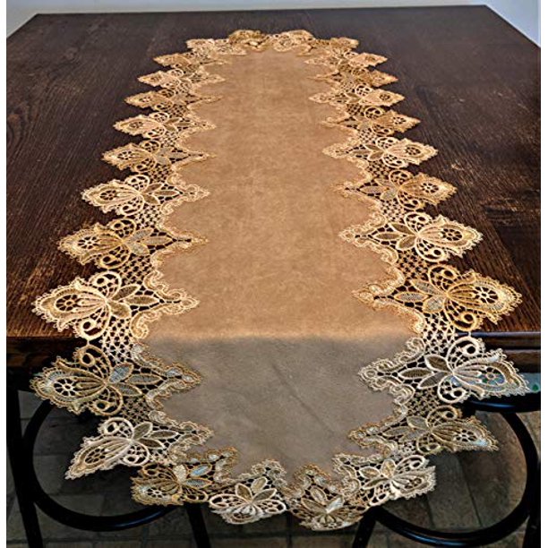 Doily Boutique able Runner or Dresser Scarf in Gold Vintage Lace and
