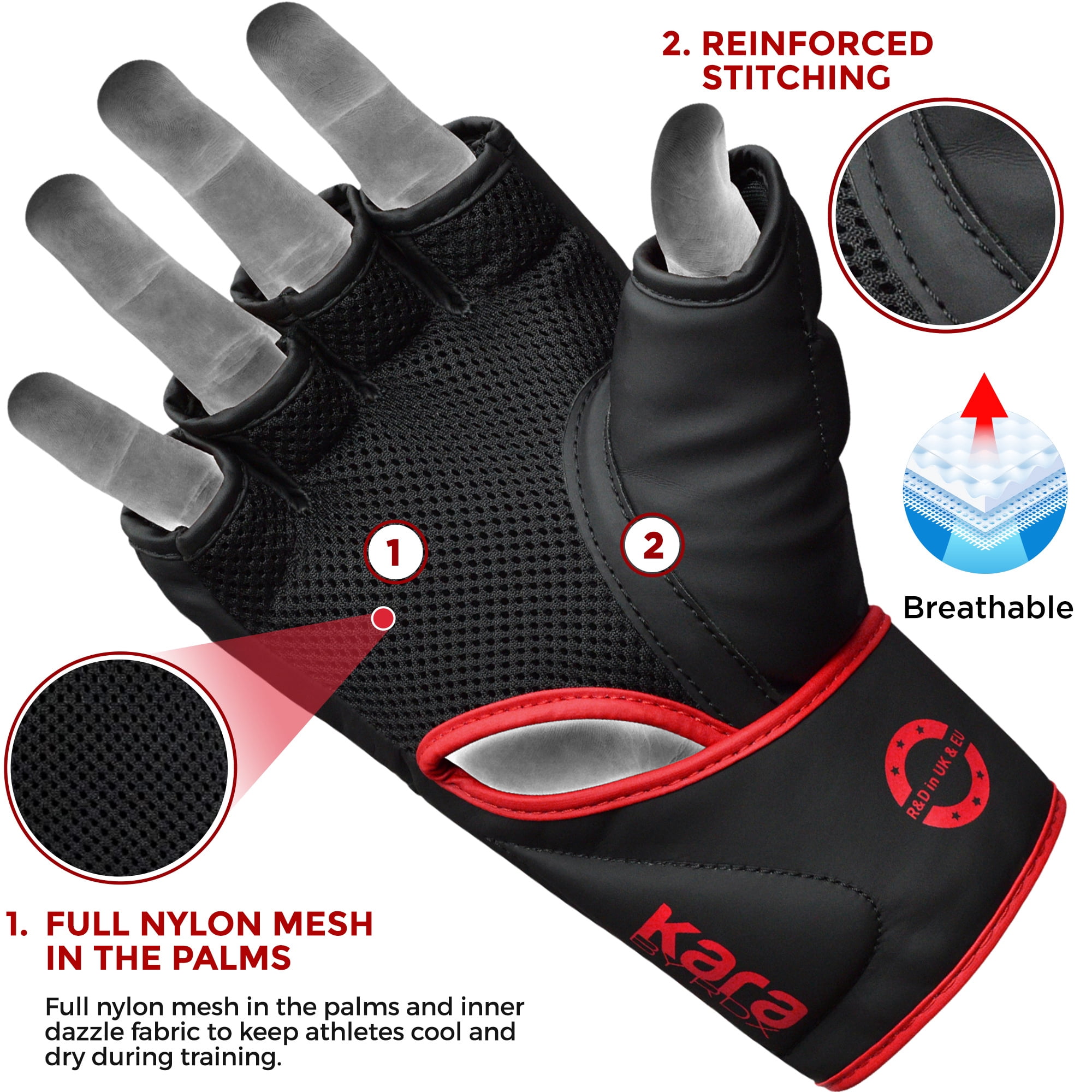 RDX MMA Boxing Gloves Grappling Sparring, Pre-Curved Martial Arts Mitts, Ventilated Palm, Maya Hide Leather KARA, Red, Small