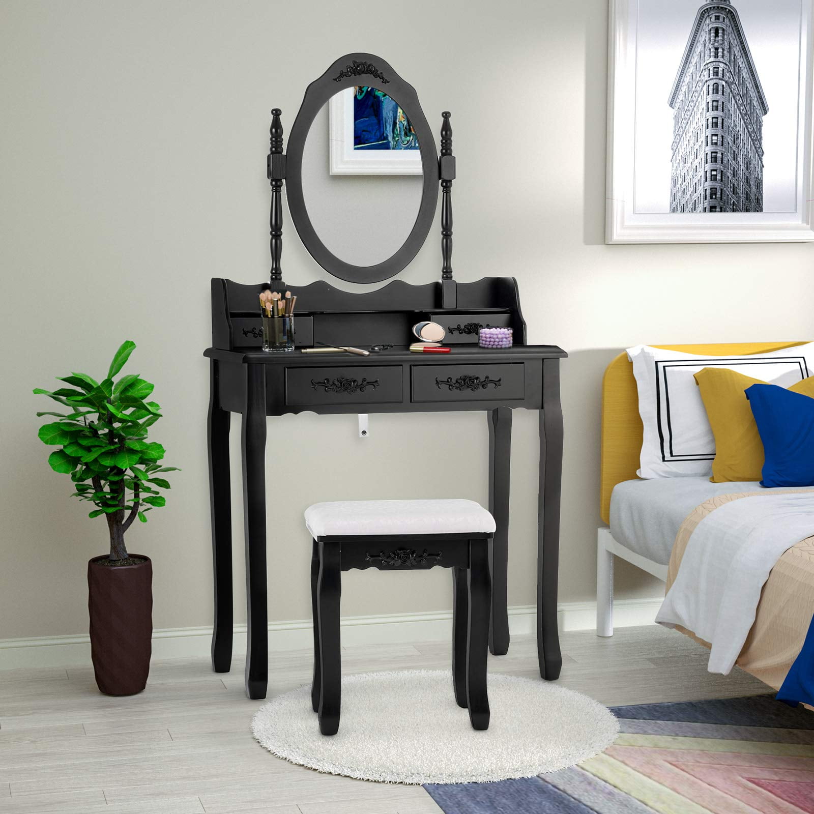 Alohappy Girls Vanity Desk, Makeup Vanity Set with Mirror & Stool, Makeup Table Black Vanity Desk with 4 Drawers Vintage Rose Carving Dressing Desk for Bedroom, Studio (Black)