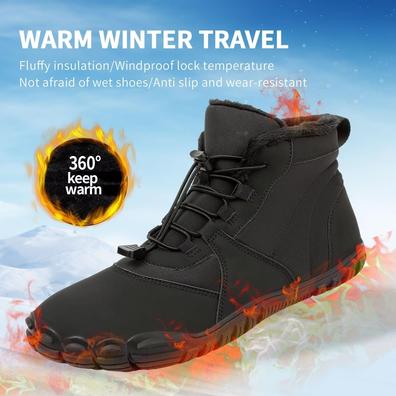 Yunkctuk Hiking Winter Footwear Barefoot Shoes Womens Mens,Snow Boots,Waterproof Wide Toe Box Barefoot Shoes,Warm Fur Lined Ankle Booties Hiking Trekking Trail Climbing Shoes Lace Up Anti-Slip Shoes
